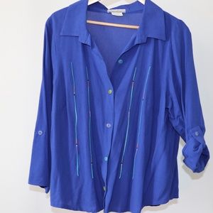 Blue Embroidered Cuff Sleeve Button-up